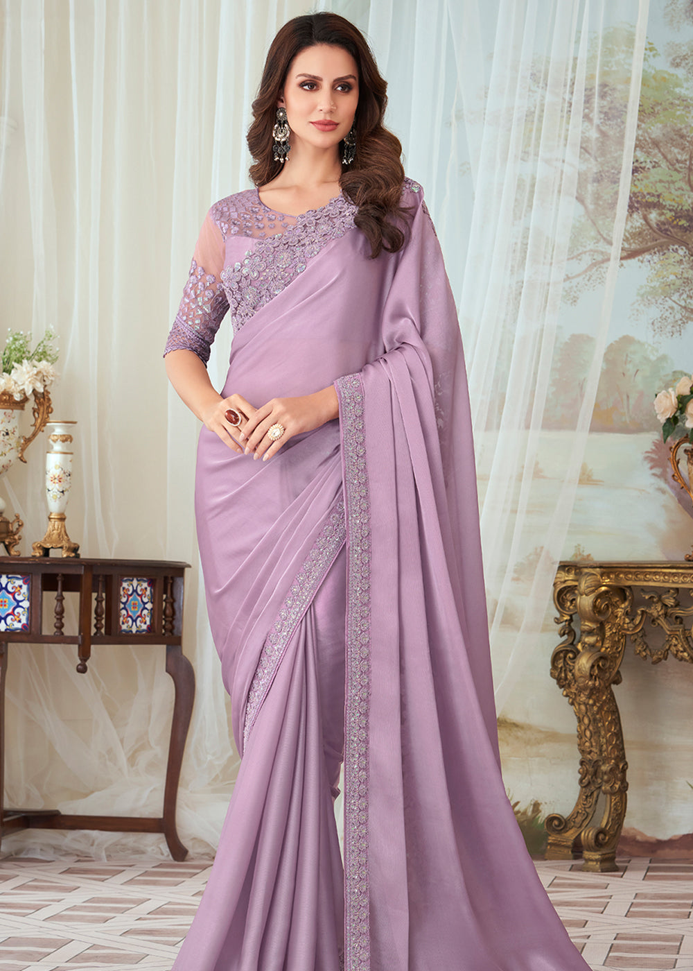 Buy MySilkLove Cherub Lavender Designer Embroidered Satin Silk Saree Online