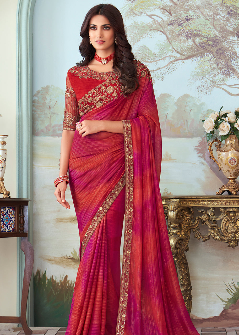 Buy MySilkLove Cabaret Pink and Red Designer Embroidered Satin Silk Saree Online