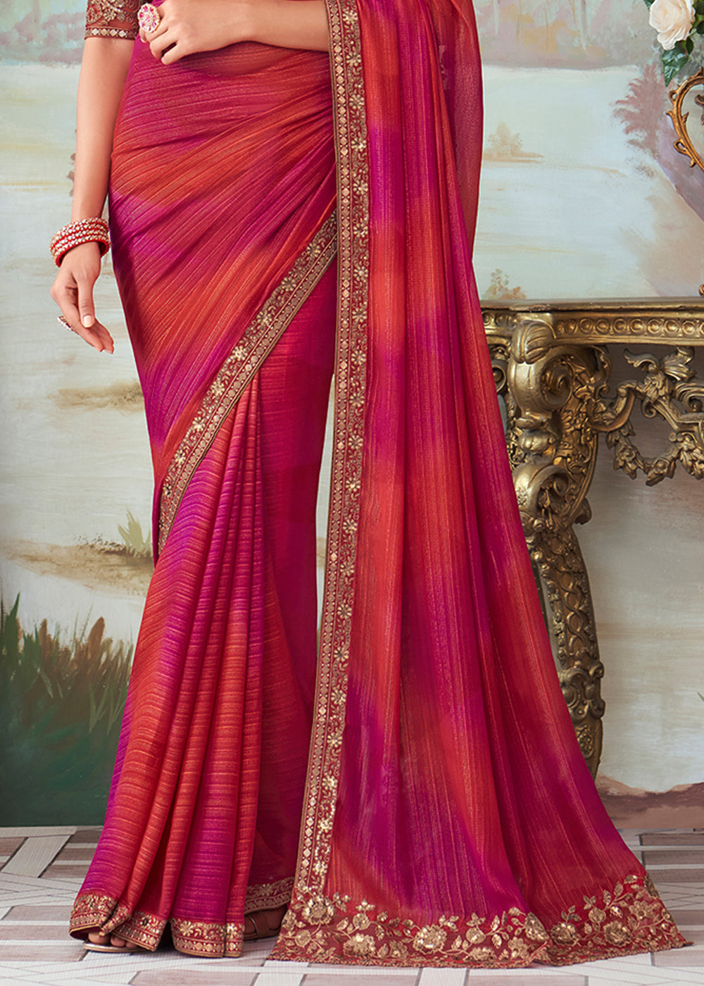 Buy MySilkLove Cabaret Pink and Red Designer Embroidered Satin Silk Saree Online