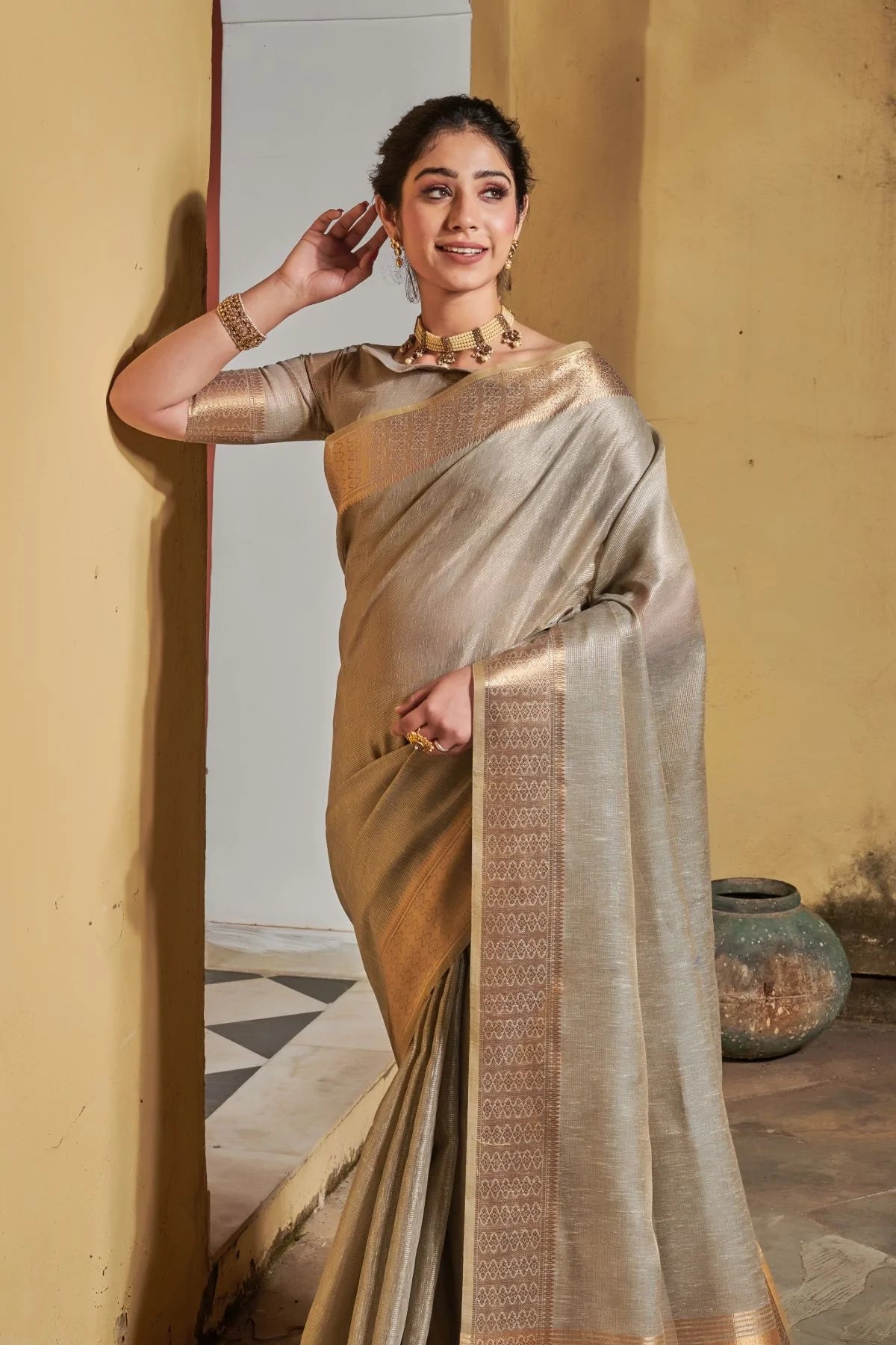 MySilkLove Malta Grey Tissue Linen Saree