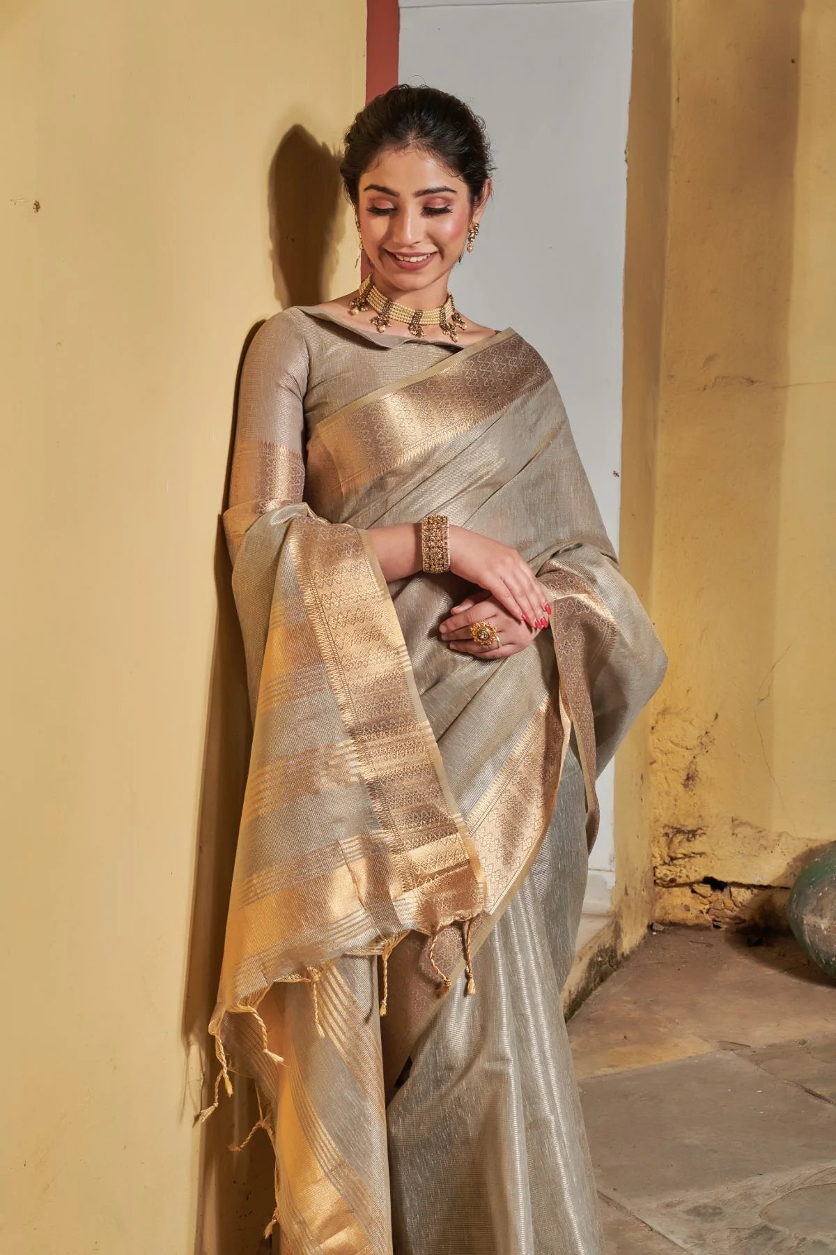 Buy MySilkLove Malta Grey Tissue Linen Saree Online