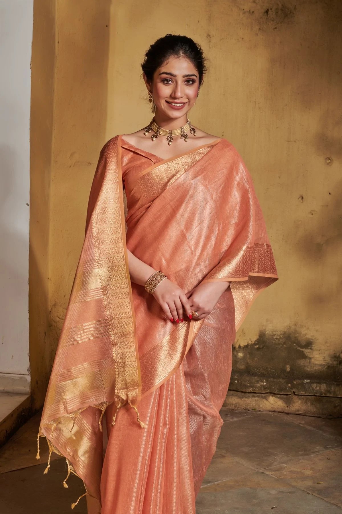 Buy MySilkLove Tacao Peach Tissue Linen Saree Online