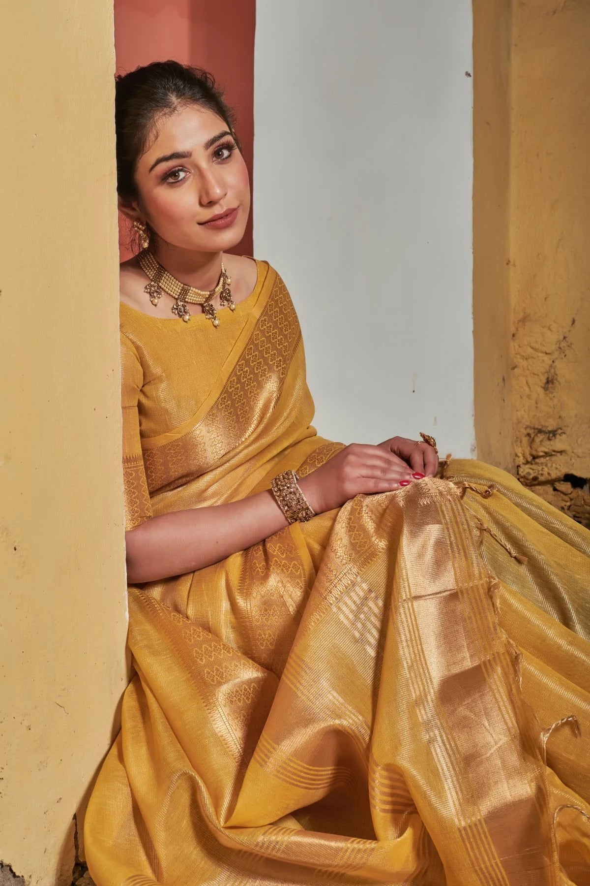 Buy MySilkLove Confetti Yellow Tissue Linen Saree Online