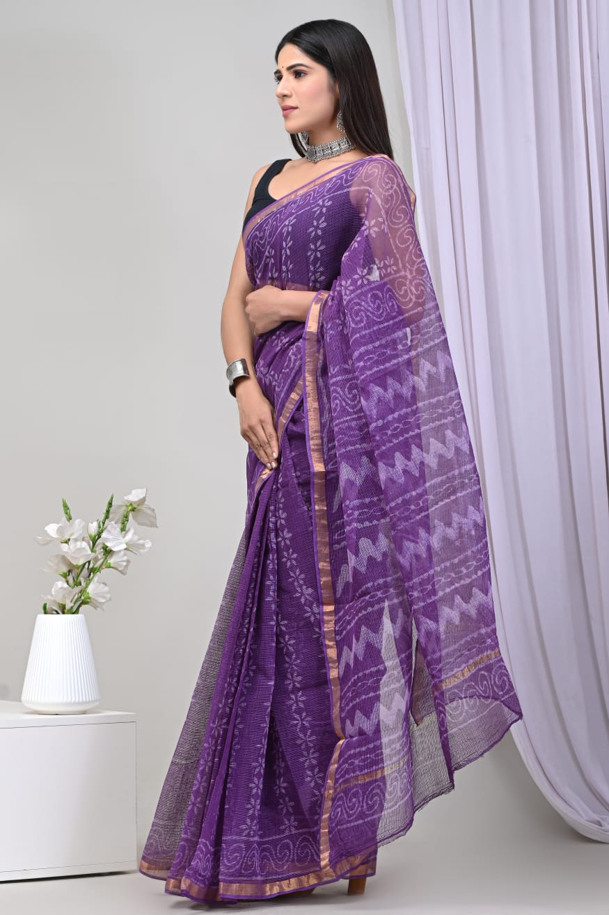 Buy MySilkLove Wisteria Purple Handblock Kota Doriya Saree Online