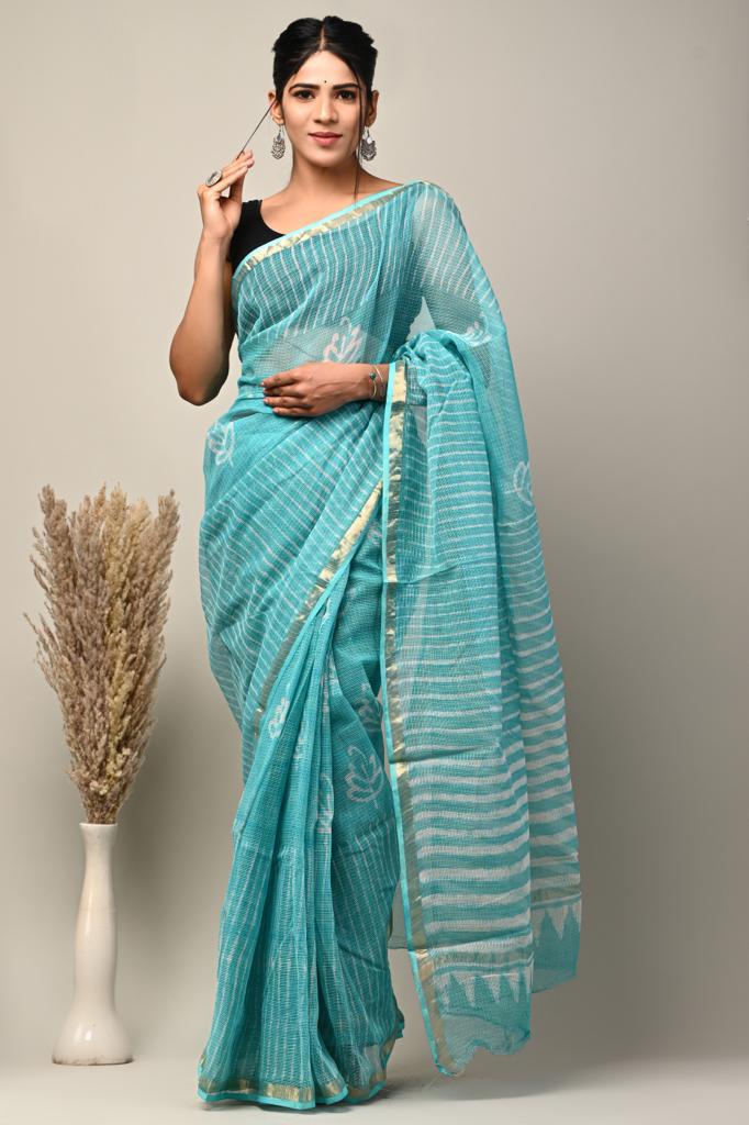 Buy MySilkLove Gulf Stream Blue Handblock Kota Doriya Saree Online