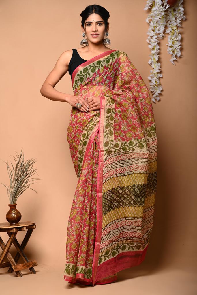 Buy MySilkLove Cornflower Lilac Peach Handblock Kota Doriya Saree Online