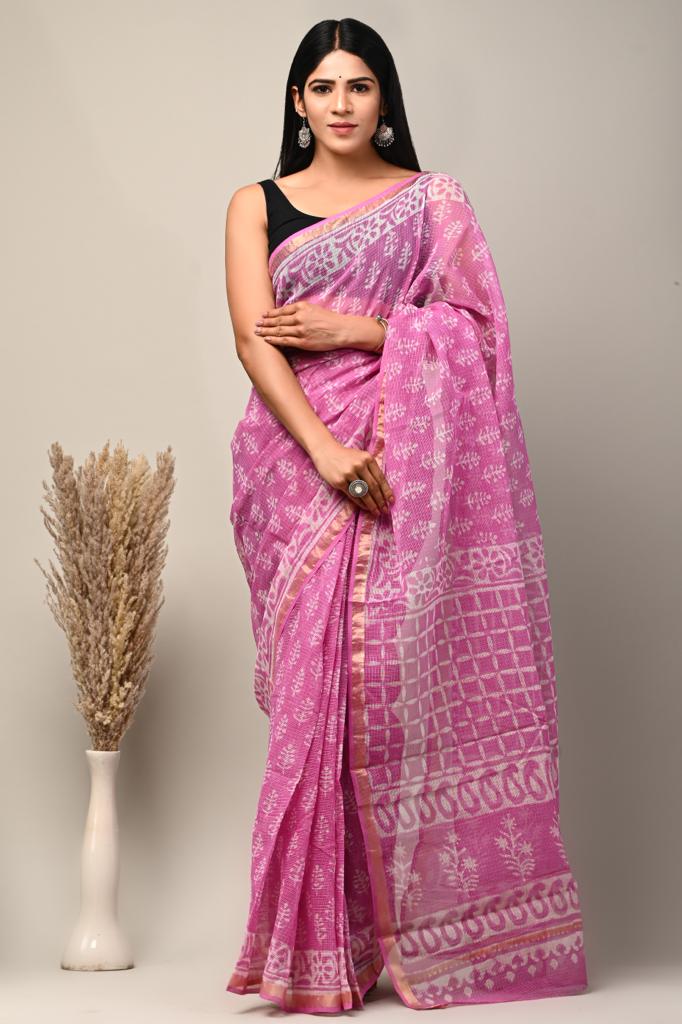 Buy MySilkLove Carissma Pink Handblock Kota Doriya Saree Online