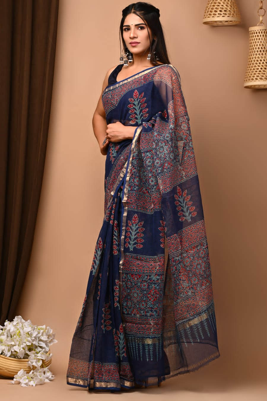 MySilkLove Baltic Sea Blue Handblock Kota Doriya Saree