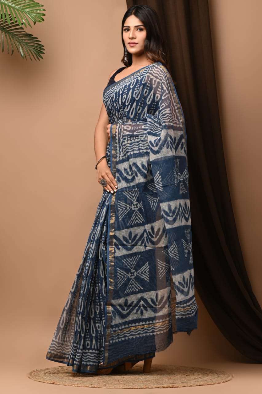 Buy MySilkLove Pale Sky Grey Handblock Kota Doriya Saree Online