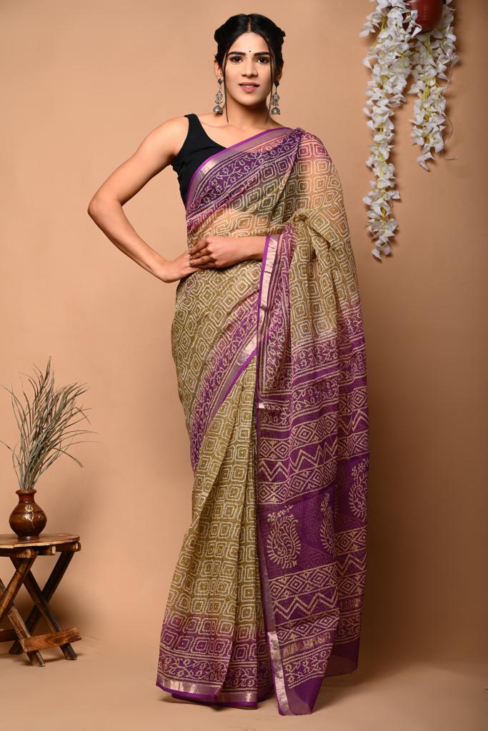 Buy MySilkLove Spice Green and Purple Handblock Kota Doriya Saree Online