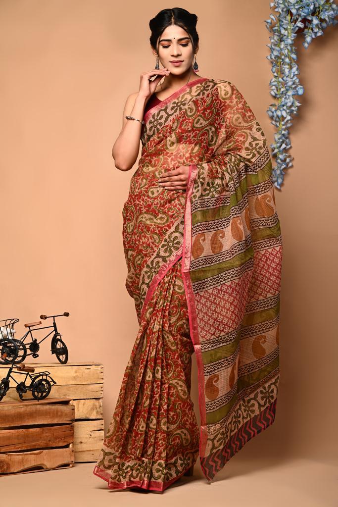 Buy MySilkLove Tuscany Maroon Handblock Kota Doriya Saree Online