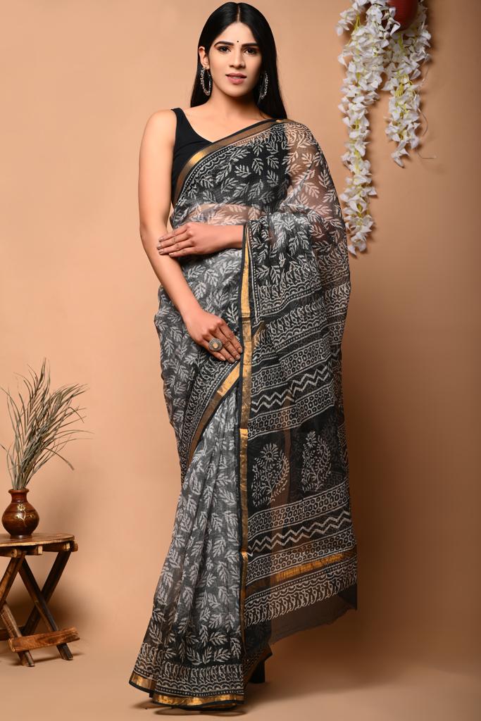 Buy MySilkLove Dove Gray and Black Handblock Kota Doriya Saree Online