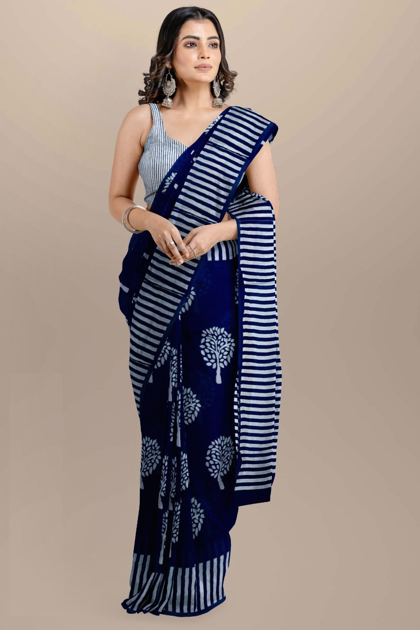 Buy MySilkLove Bunting Blue Handblock Printed Cotton Mulmul Saree Online