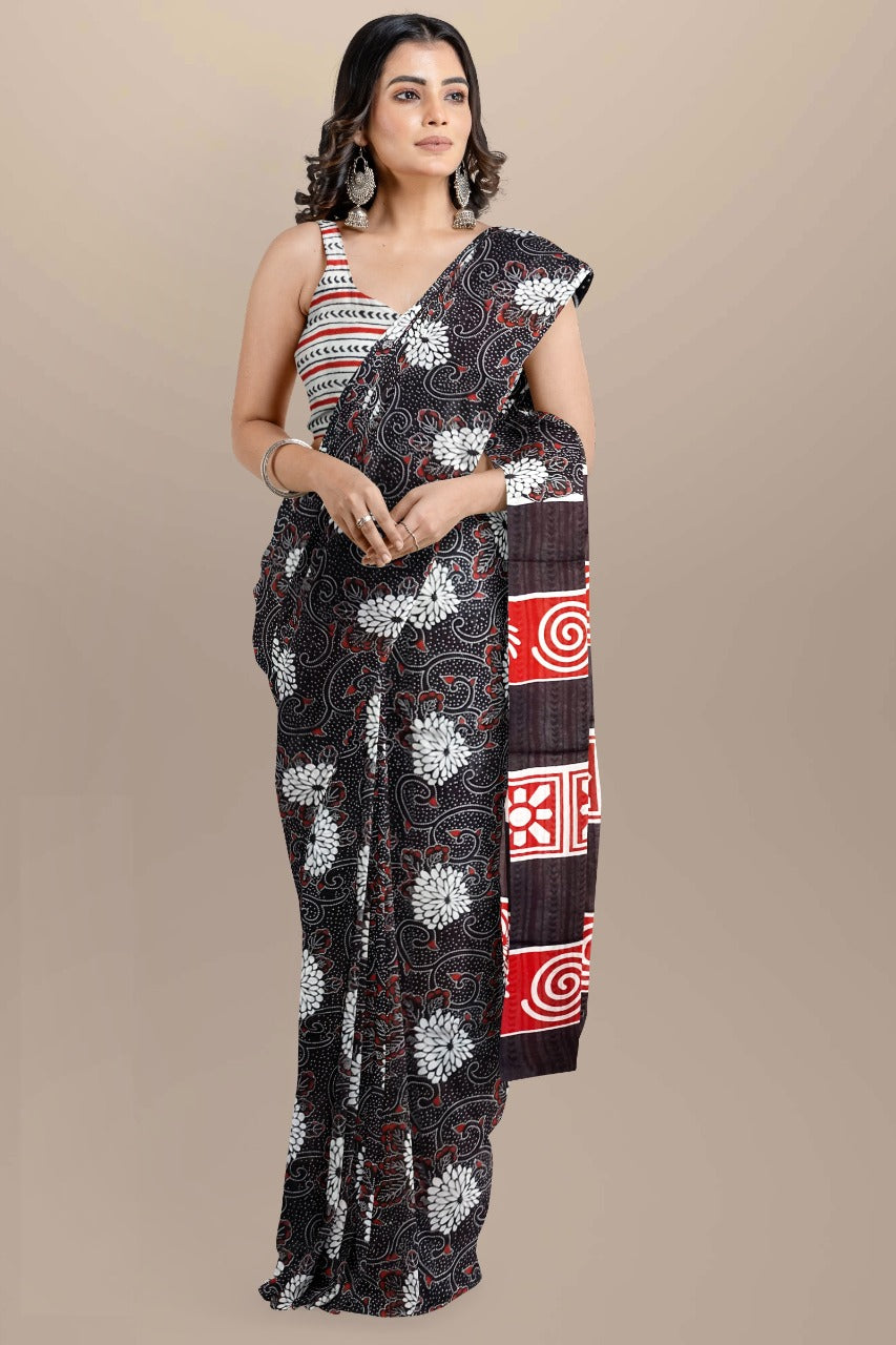 Buy MySilkLove Thunder Black Handblock Printed Cotton Mulmul Saree Online