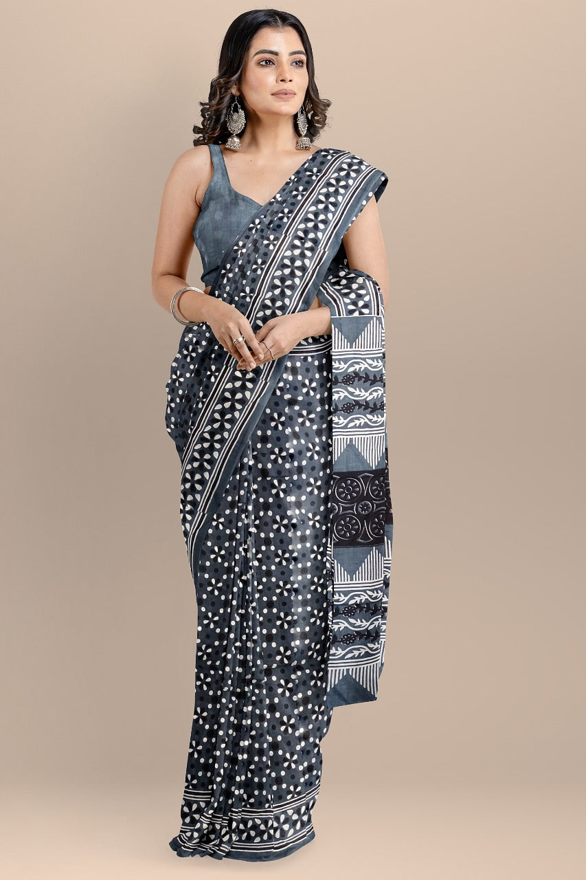 Buy MySilkLove Shuttle Gray Handblock Printed Cotton Mulmul Saree Online