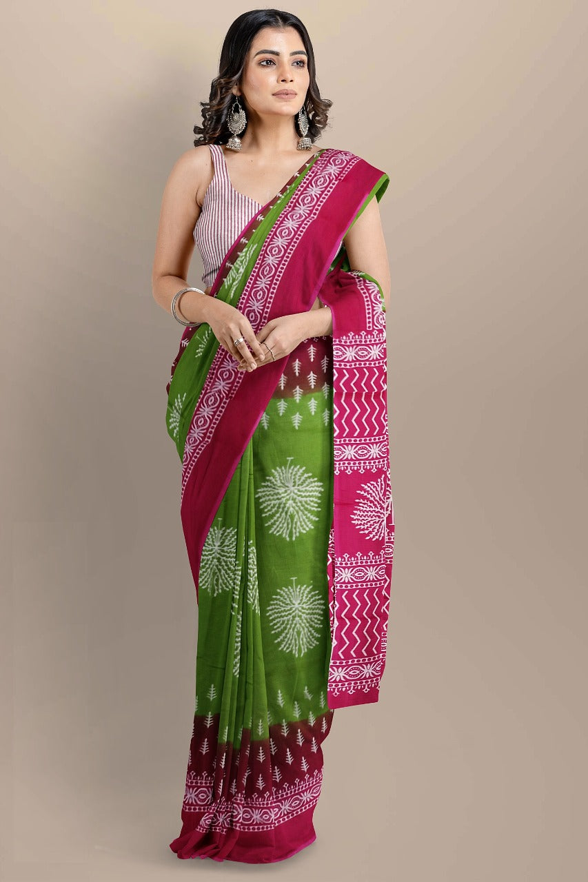 Buy MySilkLove Fern Frond Green Handblock Printed Cotton Mulmul Saree Online