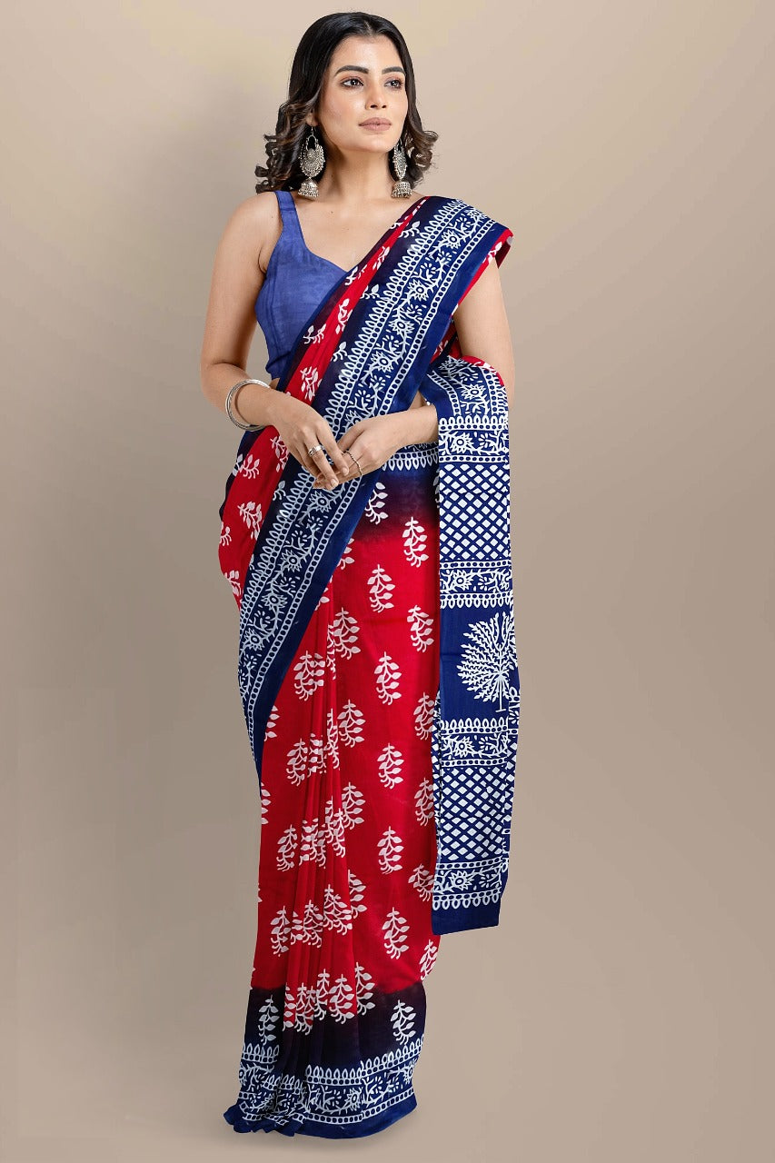 Buy MySilkLove Salmon Pearl Red and Blue Handblock Printed Cotton Mulmul Saree Online