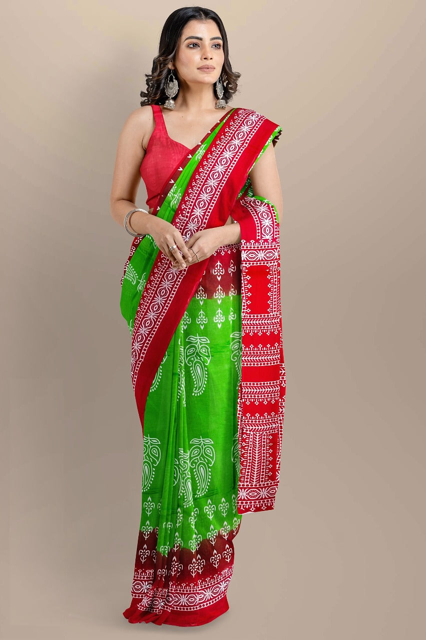 Buy MySilkLove Forest Green and Red Handblock Printed Cotton Mulmul Saree Online