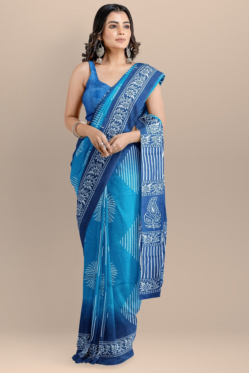 Buy MySilkLove Hoki Blue Handblock Printed Cotton Mulmul Saree Online