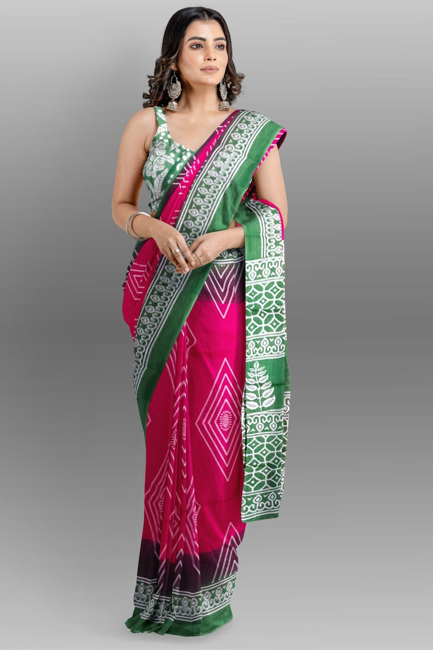 Buy MySilkLove Mulberry Pink and Green Handblock Printed Cotton Mulmul Saree Online