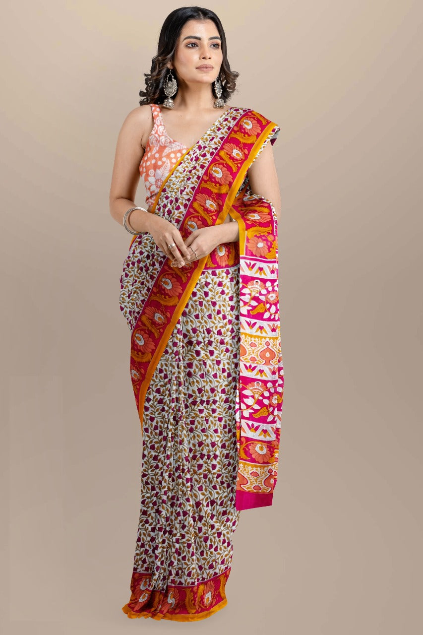 Buy MySilkLove Dairy Pink and Red Handblock Printed Cotton Mulmul Saree Online