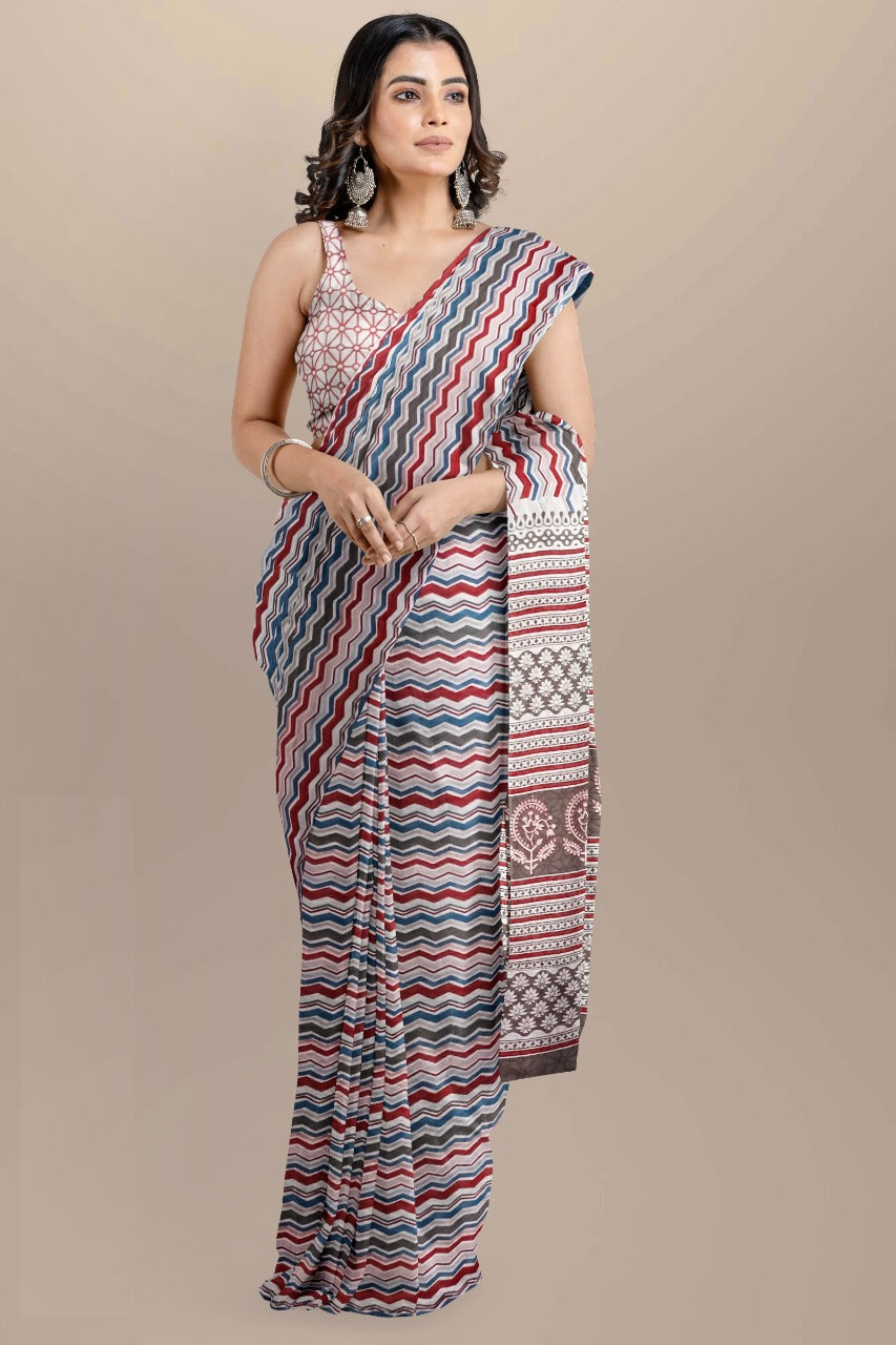 Buy MySilkLove Multicolor Handblock Printed Cotton Mulmul Saree Online