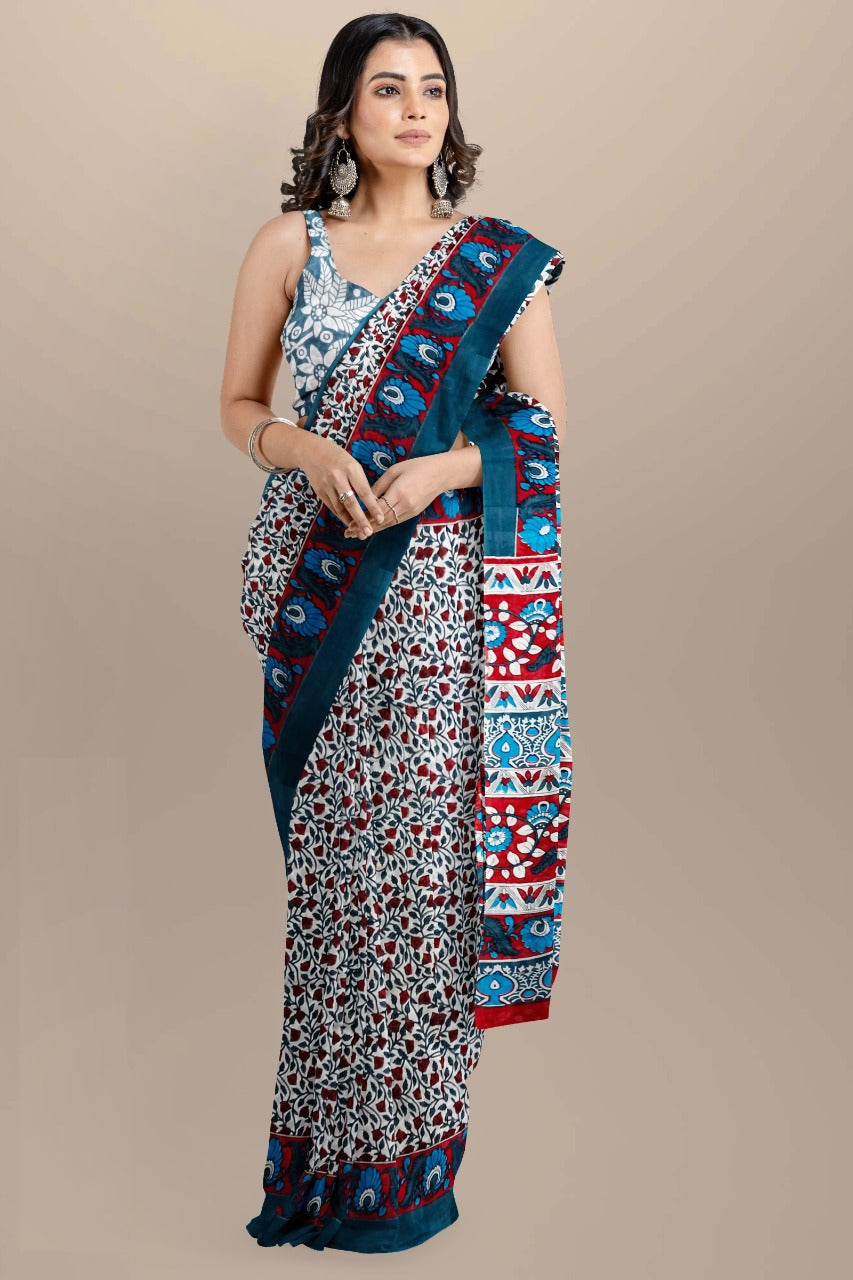 Buy MySilkLove Rolling Stone Black and Grey Handblock Printed Cotton Mulmul Saree Online