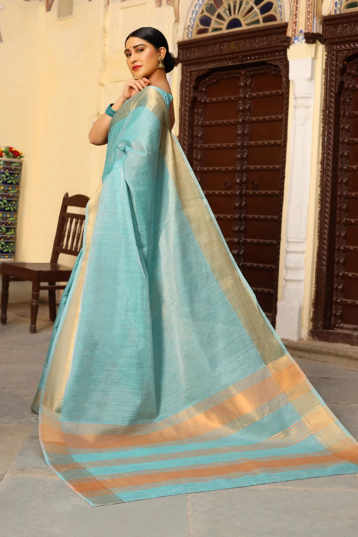 Buy MySilkLove Sinbad Blue Tissue Cotton Saree Online