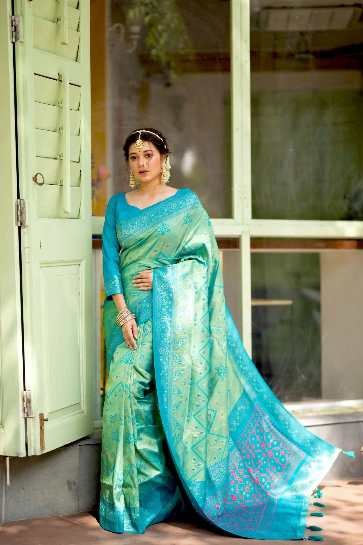 Buy MySilkLove Ocean Green and Blue Zari Woven Patola Silk Saree Online