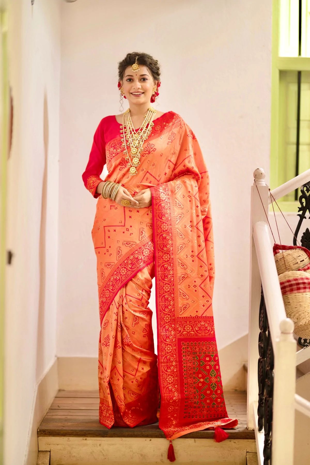 Buy MySilkLove Tangerine Orange and Red Zari Woven Patola Silk Saree Online