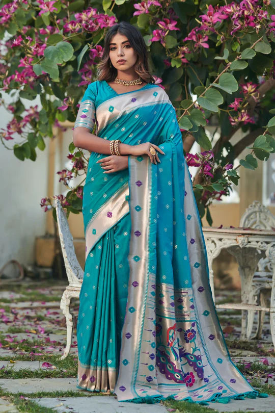 Buy MySilkLove Pacific Blue Banarasi Silk Paithani Saree Online