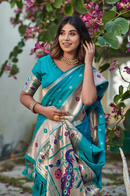 Buy MySilkLove Pacific Blue Banarasi Silk Paithani Saree Online