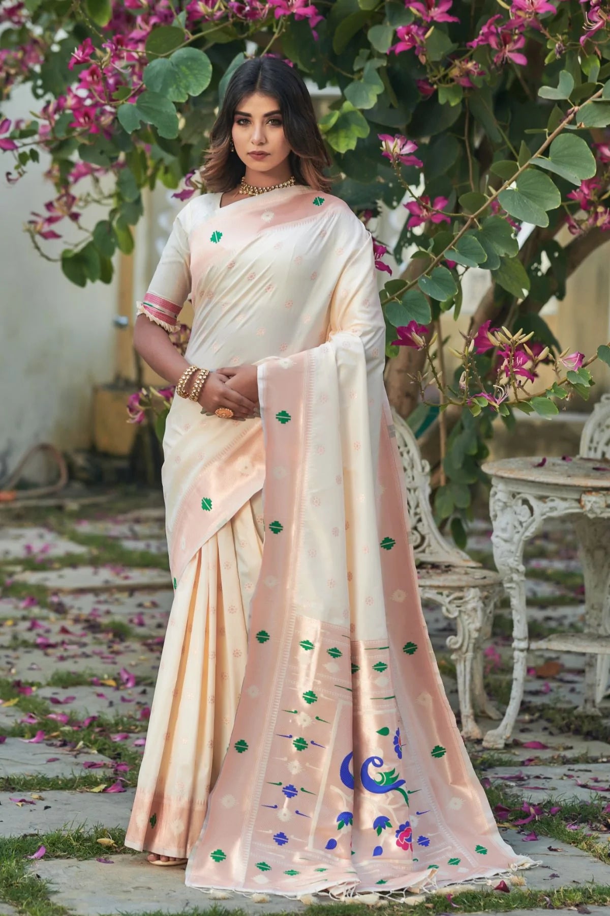 Buy MySilkLove Celeste White Banarasi Silk Paithani Saree Online