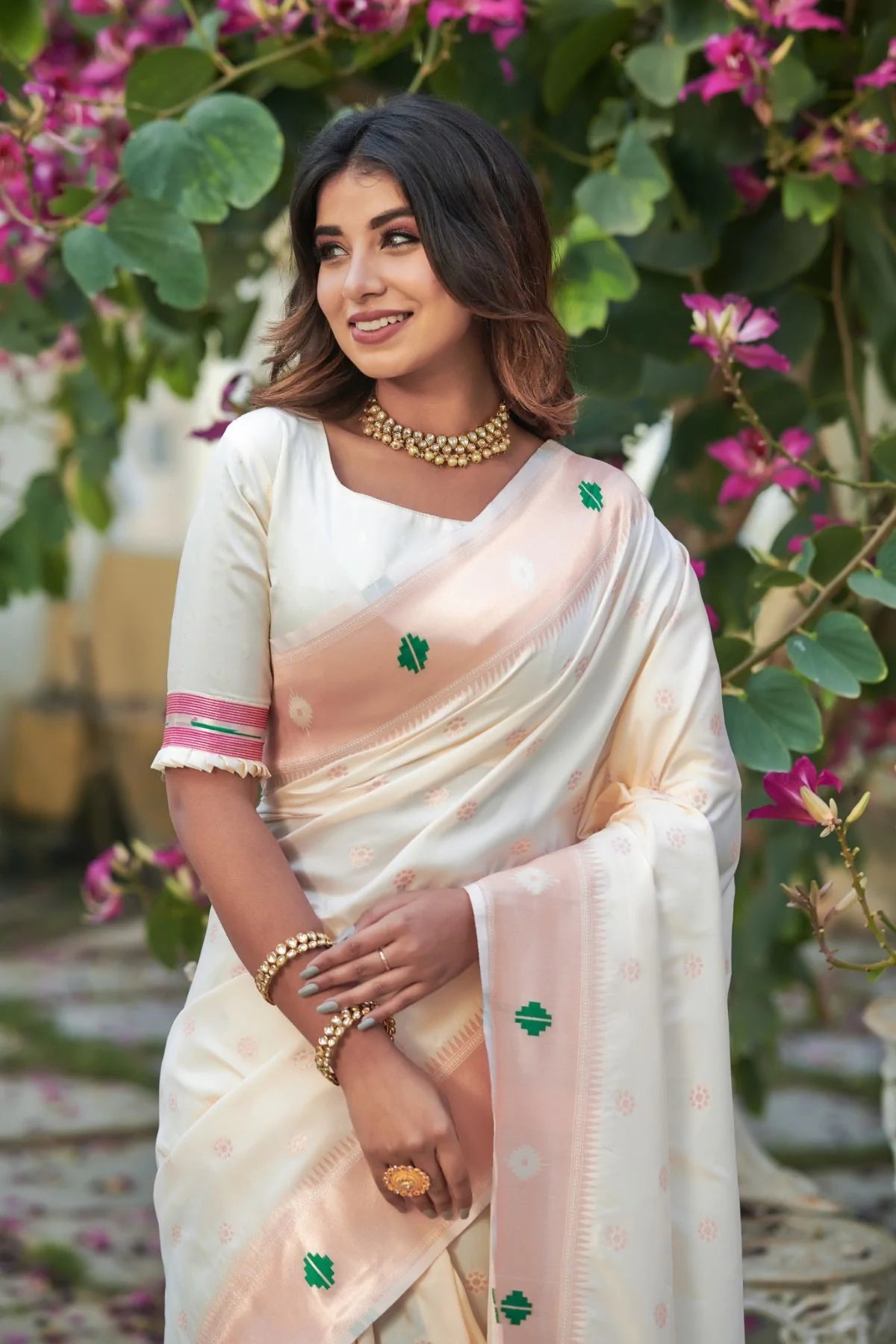 Buy MySilkLove Celeste White Banarasi Silk Paithani Saree Online