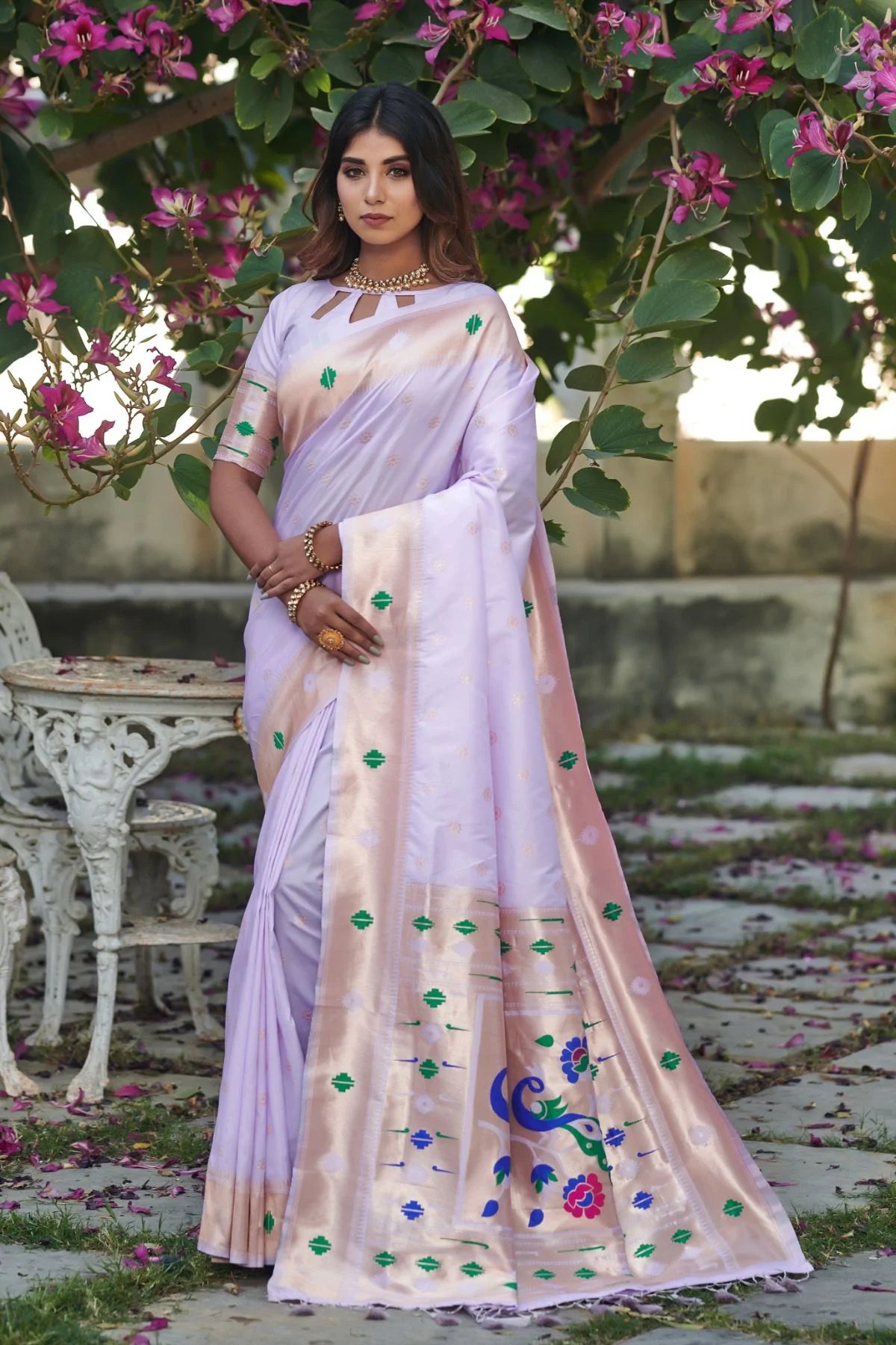 Buy MySilkLove Gray Purple Banarasi Silk Paithani Saree Online