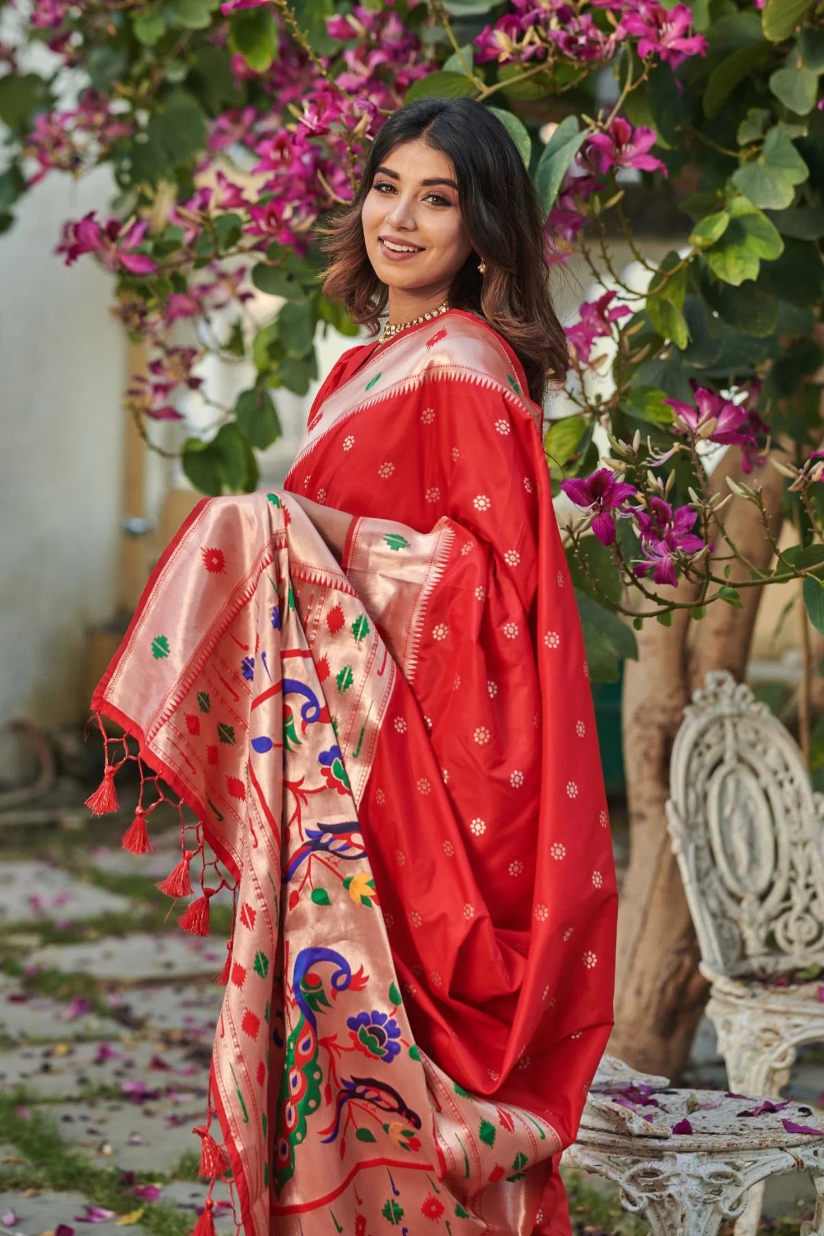 Buy MySilkLove Thunderbird Red Banarasi Silk Paithani Saree Online