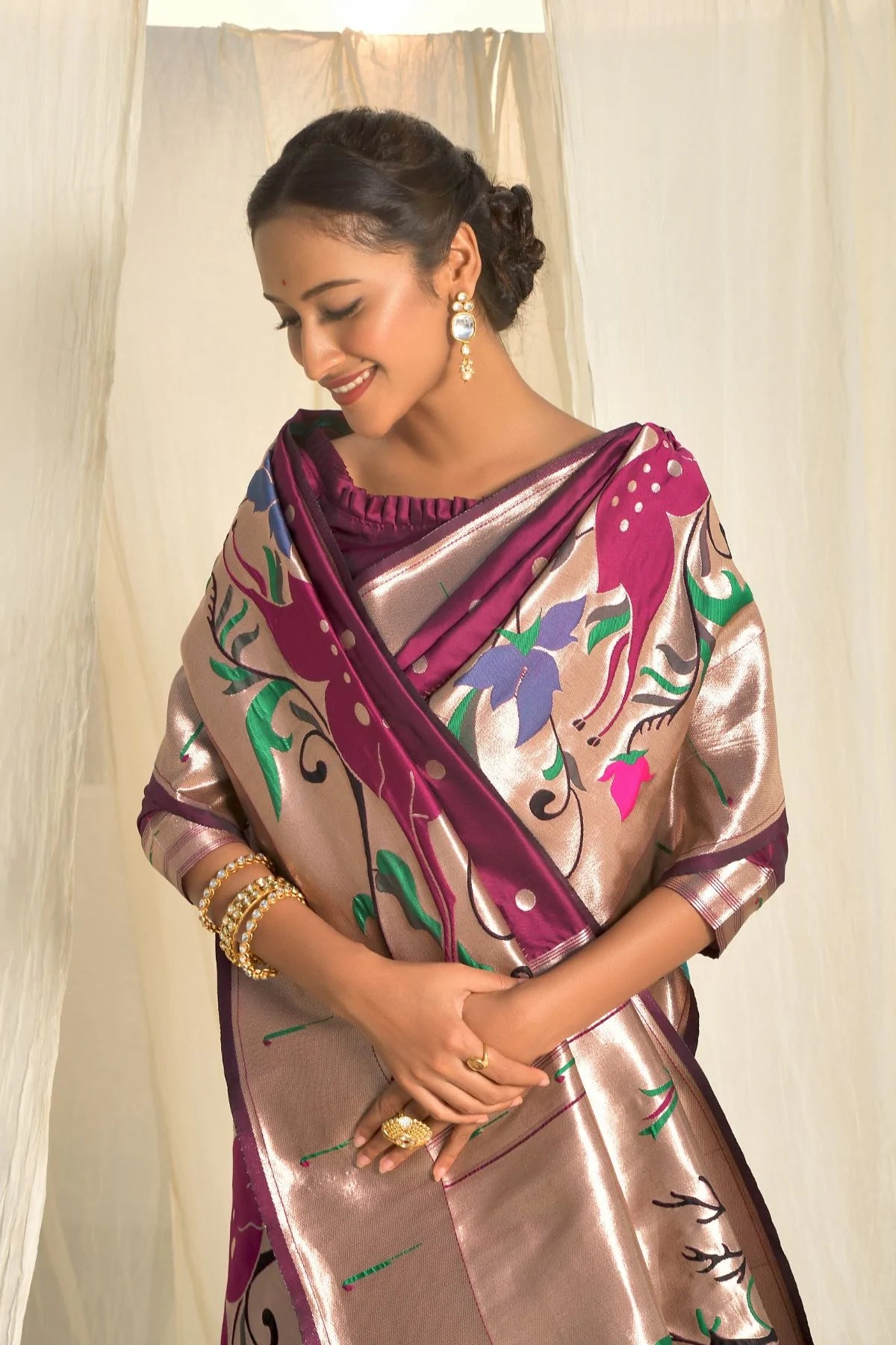 Buy MySilkLove Tawny Port Purple Paithani Silk Saree Online