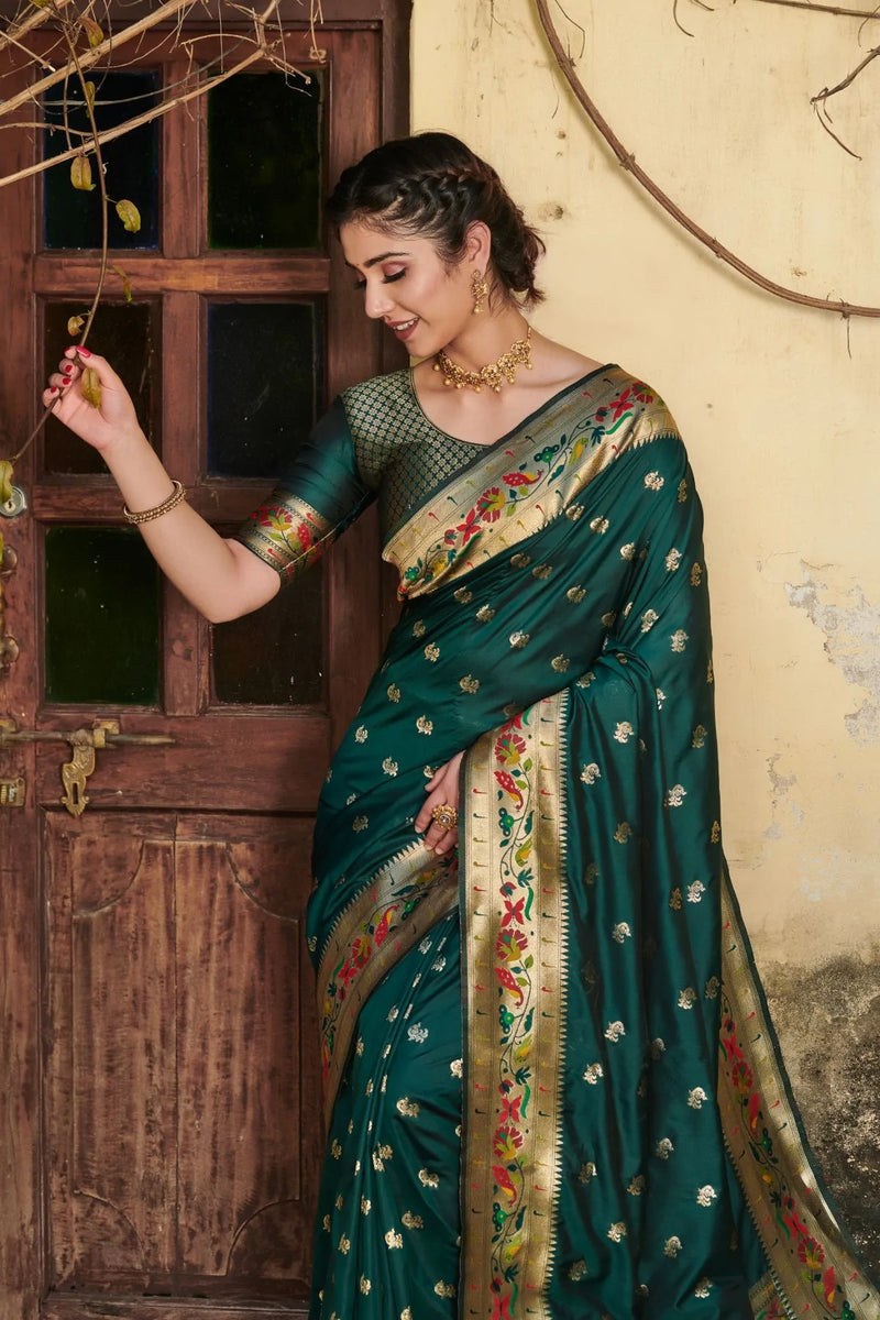 Dark Green Paithani Saree in 2023 | South silk sarees, Traditional blouse  designs, Art silk sarees