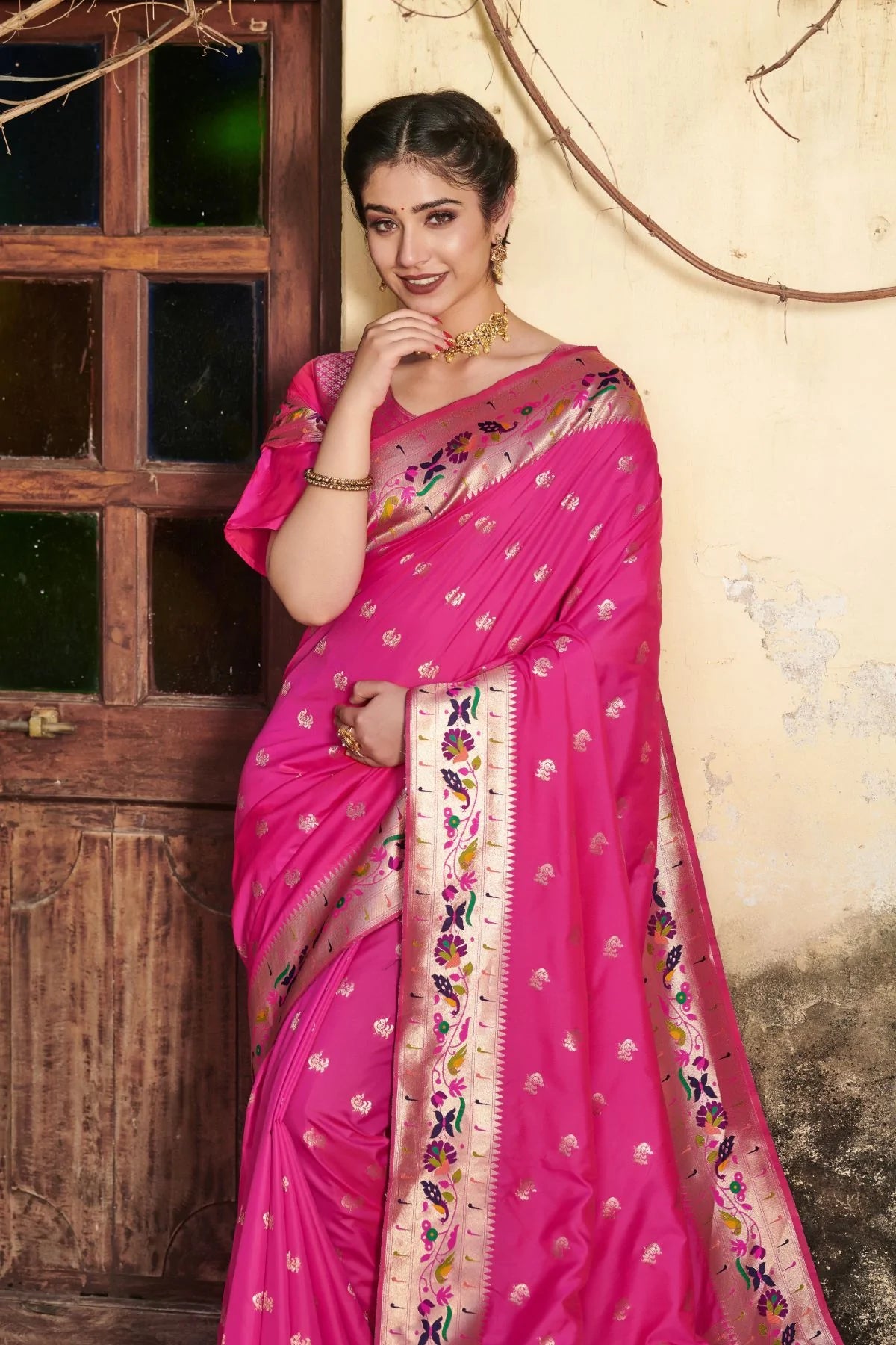 Buy MySilkLove Cerise Pink Banarasi Silk Paithani Saree Online
