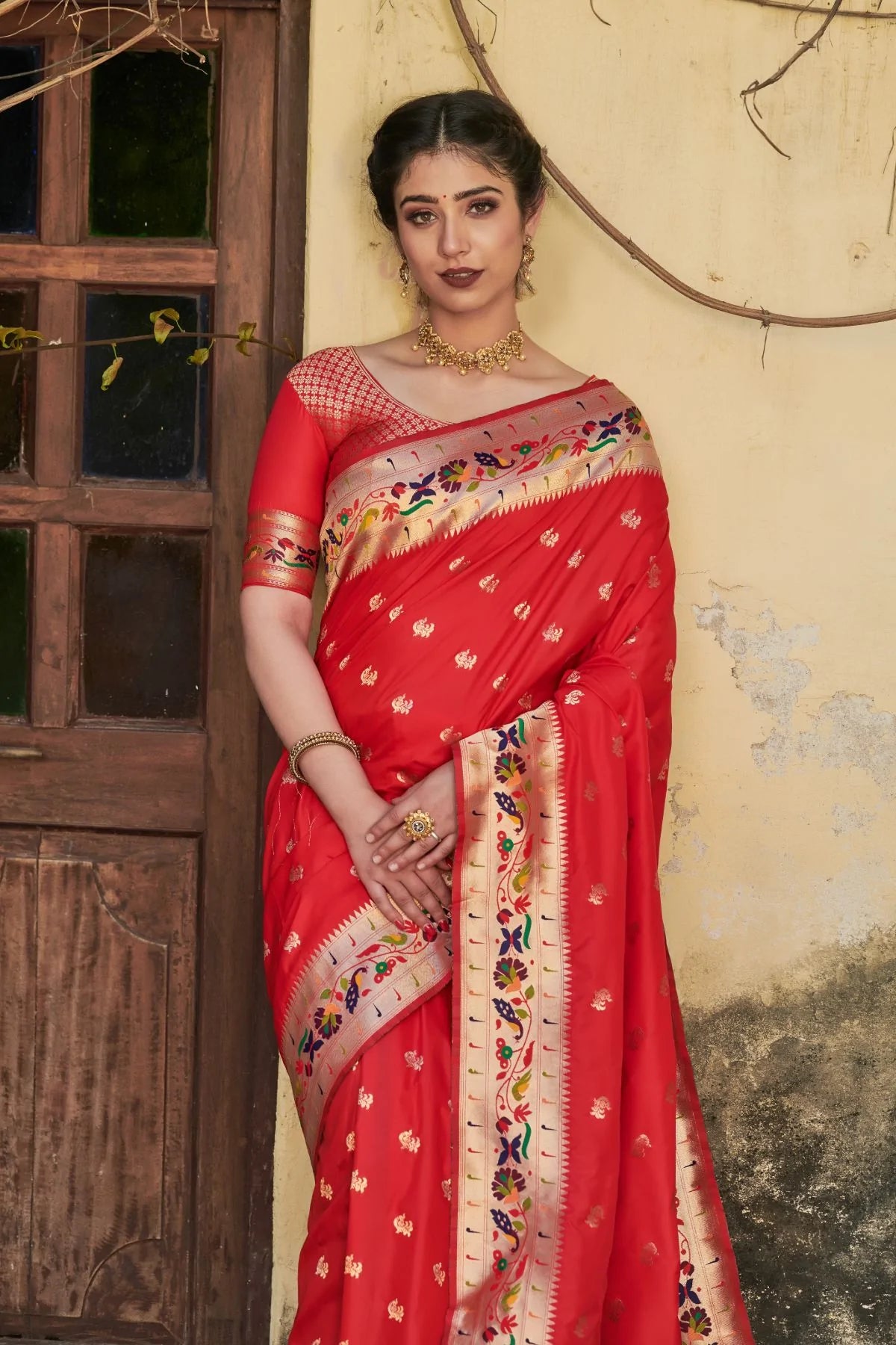 Buy MySilkLove Tamarillo Red Banarasi Silk Paithani Saree Online