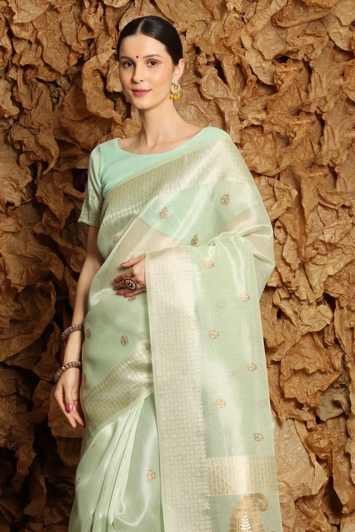 Buy MySilkLove Locust Green Tissue Linen Saree Online