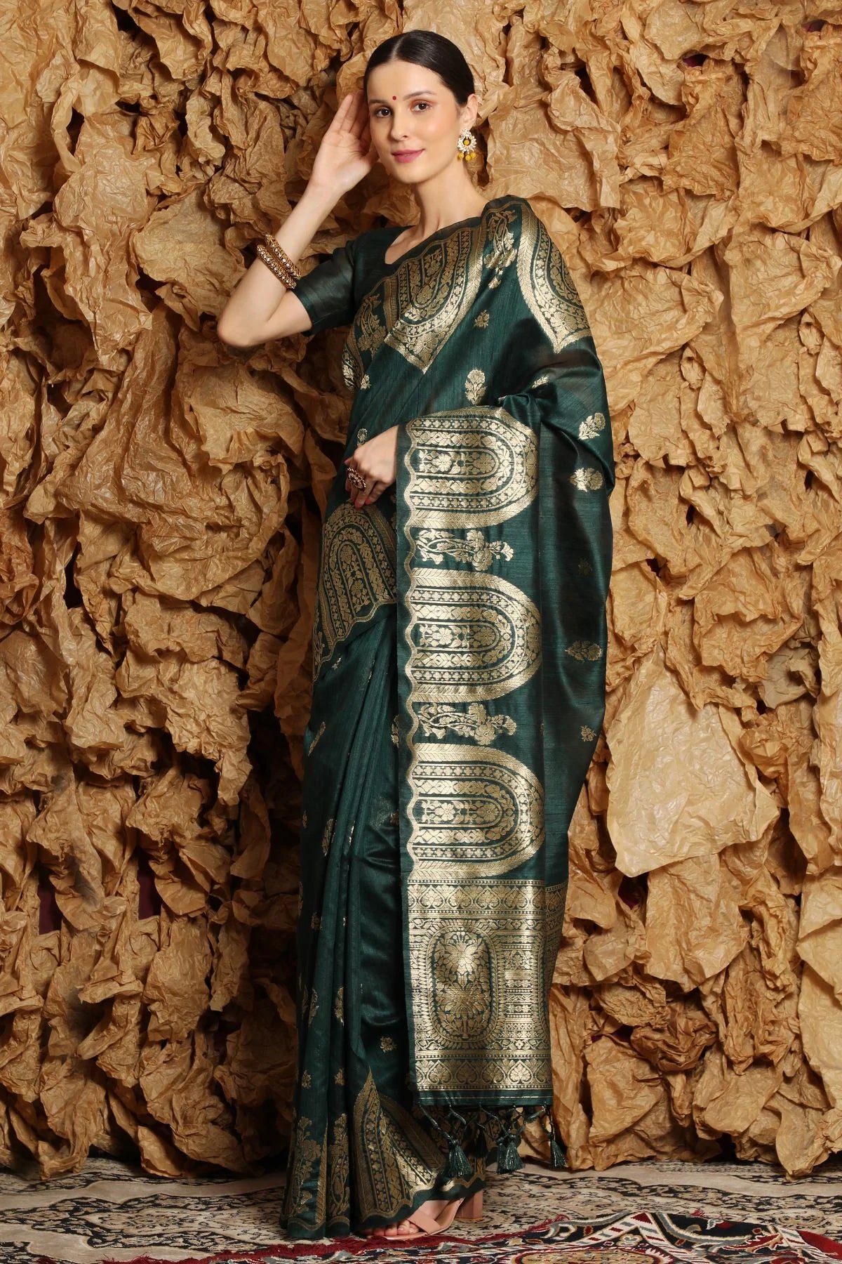 Buy MySilkLove Leather Green Tussar Woven Silk Saree Online