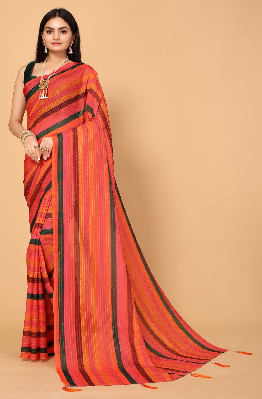 Buy MySilkLove Mandarin Orange and Green Georgette Printed Saree Online