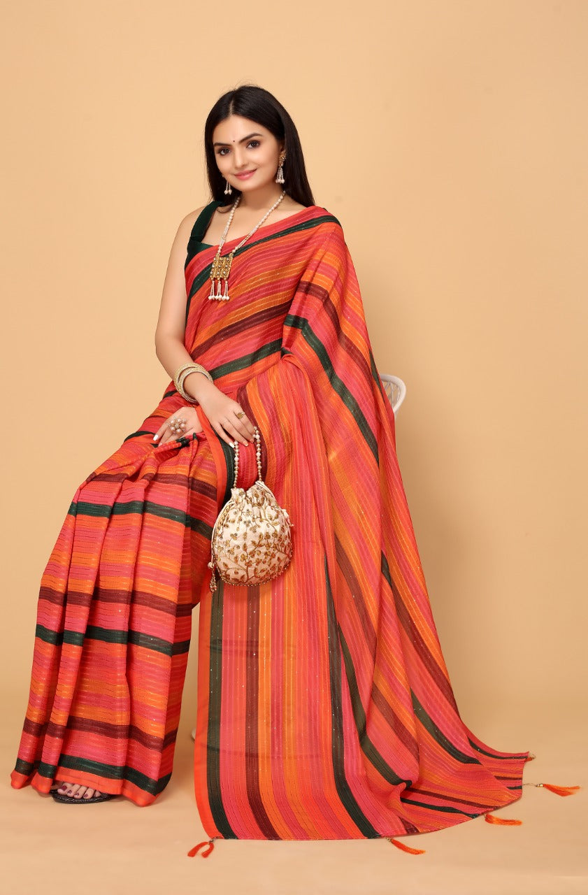 MySilkLove Mandarin Orange and Green Georgette Printed Saree