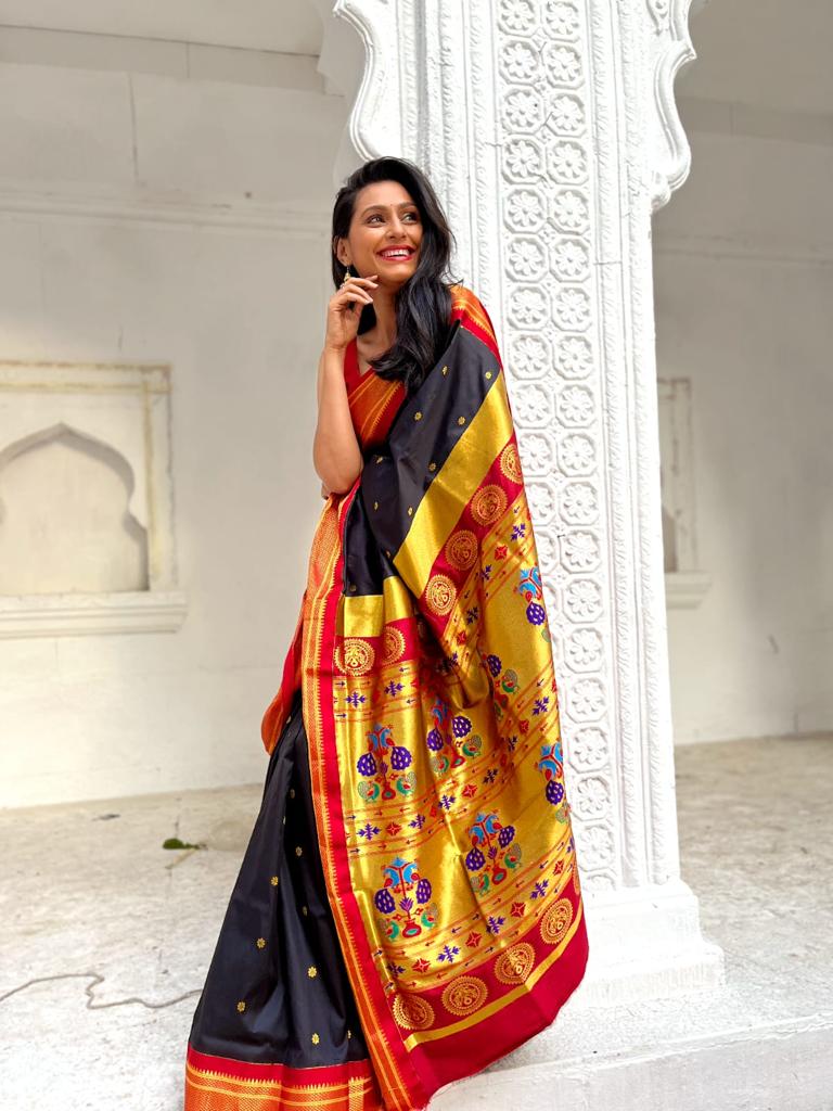 Buy MySilkLove Mine Shaft Black and Red Zari Woven Paithani Saree Online