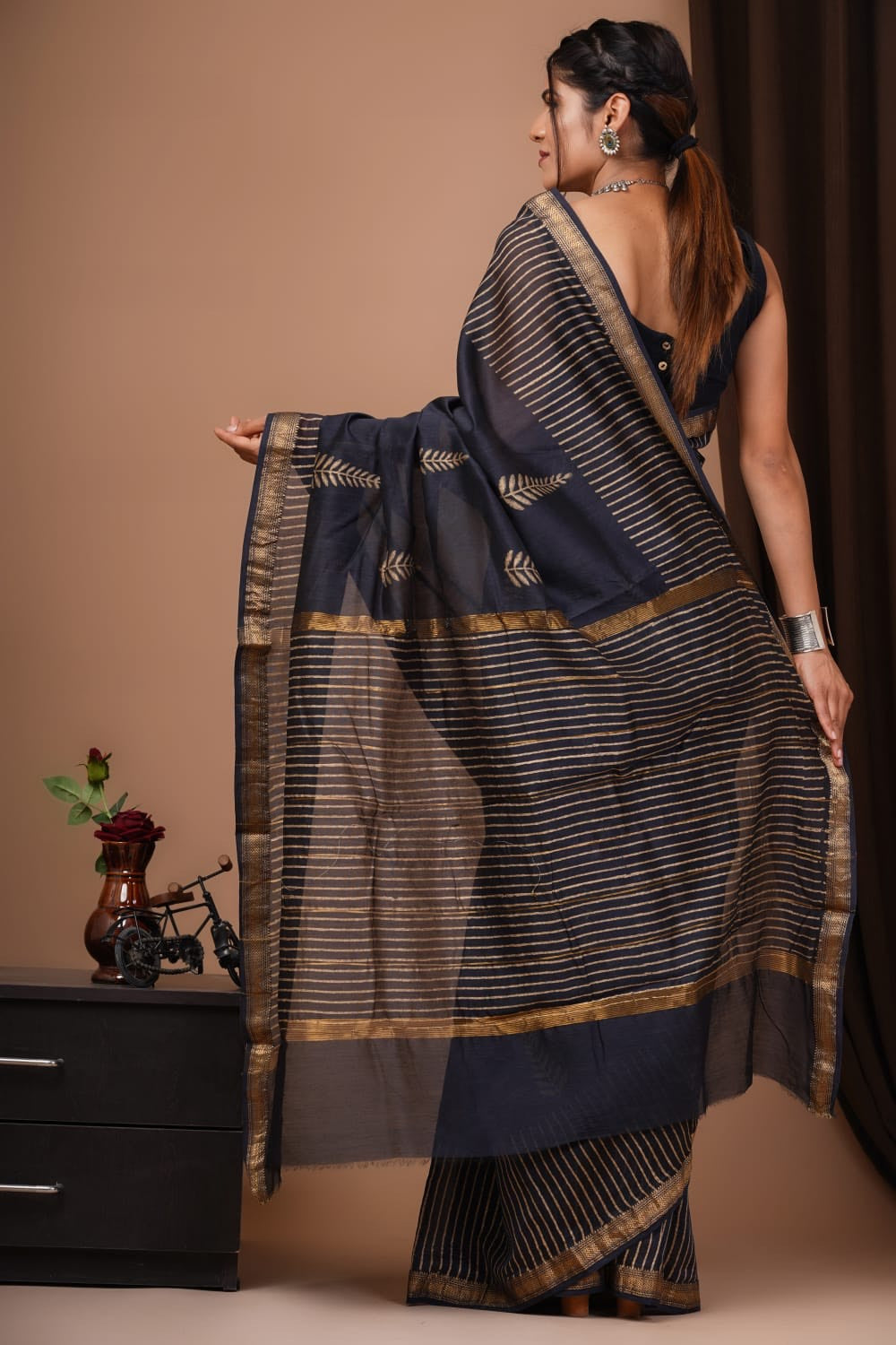 Buy MySilkLove Baltic Sea Black Handblock Kota Doriya Saree Online