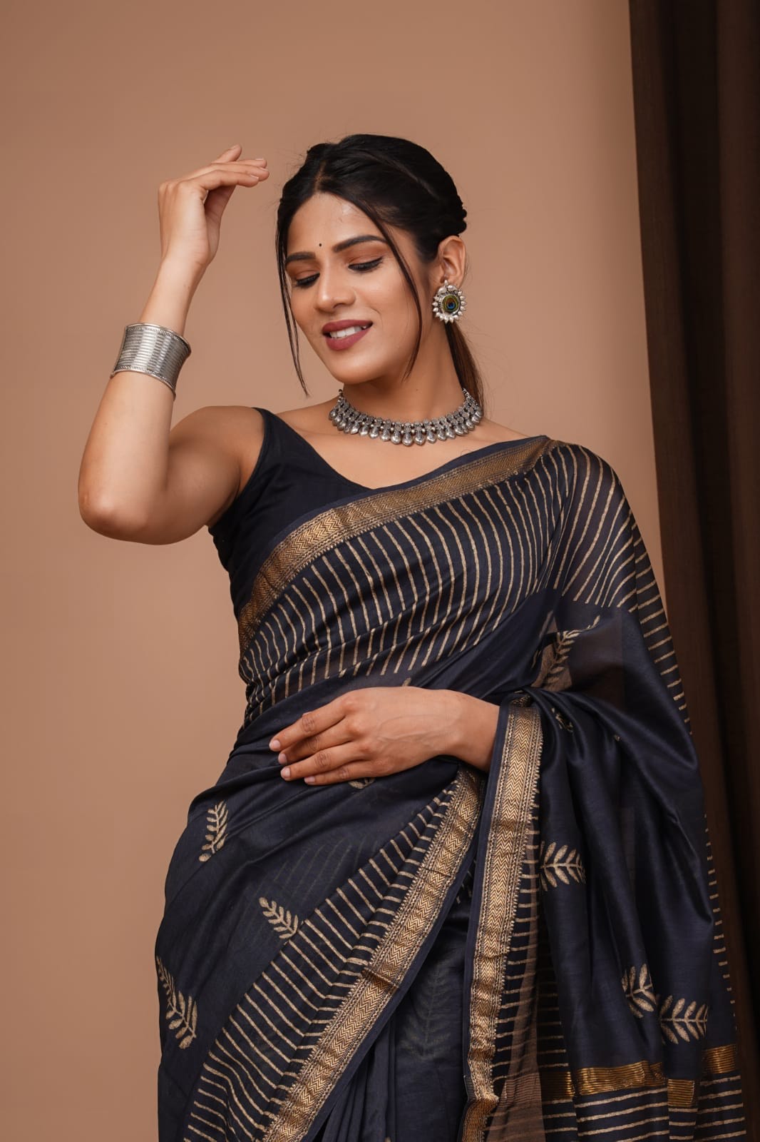 MySilkLove Baltic Sea Black Handblock Kota Doriya Saree