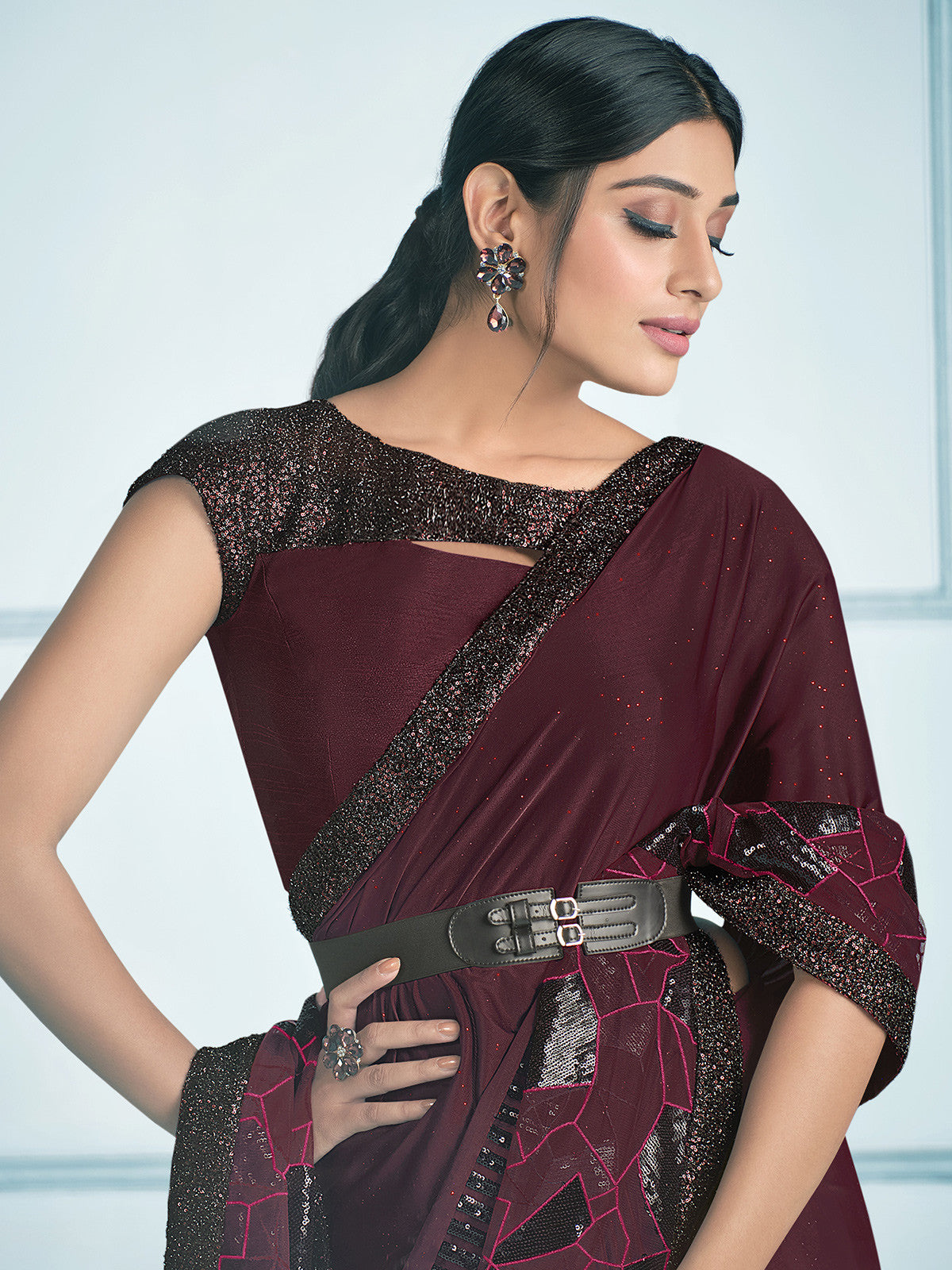 MySilkLove Zambezi Maroon Embroidery Designer Georgette Partywear Saree