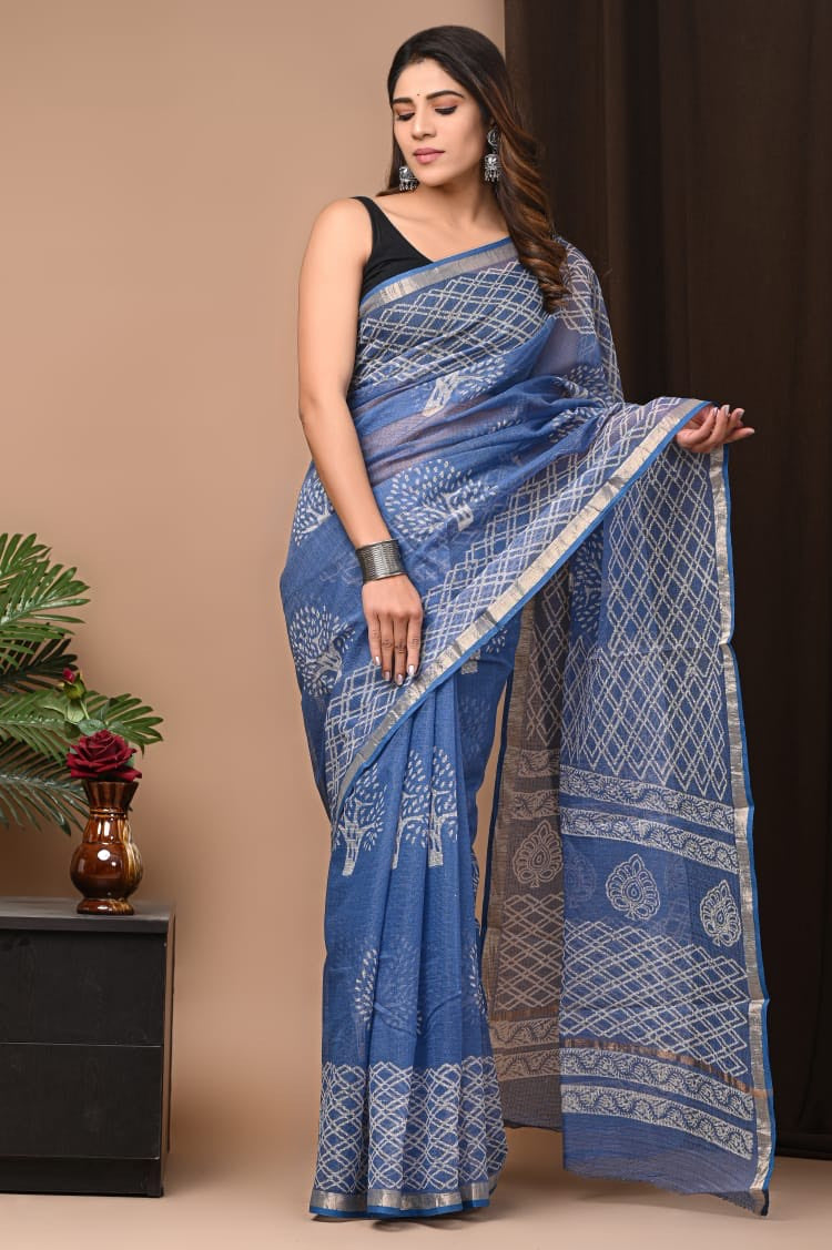 Buy MySilkLove Pewter Blue Handblock Kota Doriya Saree Online