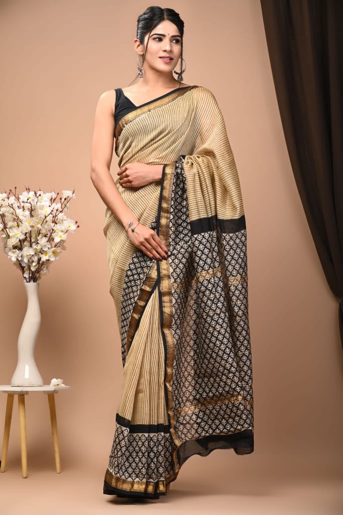 Buy MySilkLove Buttermilk Cream Handblock Kota Doriya Saree Online